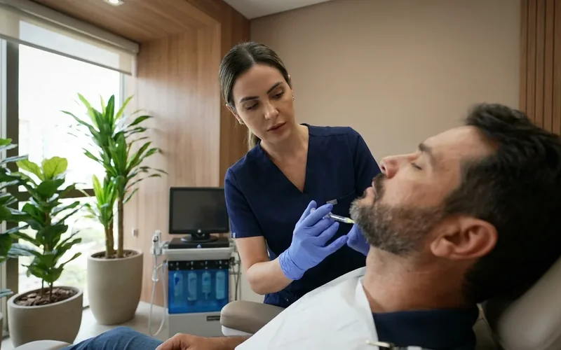 Imagem ilustrativa de procedimento de harmonização facial em consultório